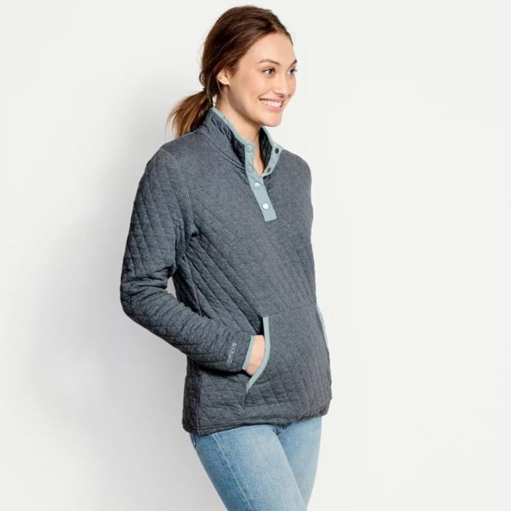 Orvis Outdoor Quilted Snap Sweatshirt Gray Quilted Pullover w/ Blue Accents XS